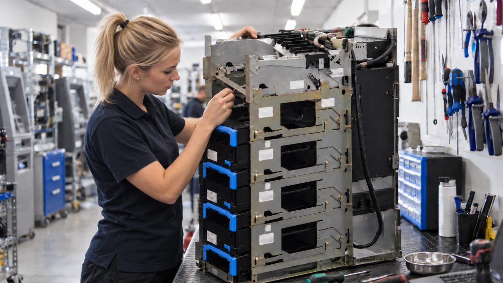 Female technician performing independent ATM diagnostics on a large cash dispenser module in a repair workshop.
