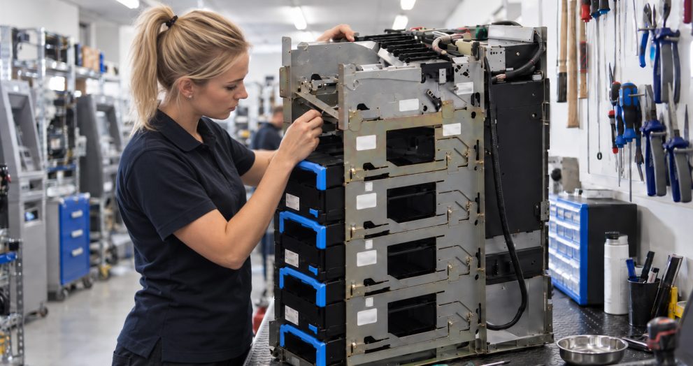 Female technician performing independent ATM diagnostics on a large cash dispenser module in a repair workshop.
