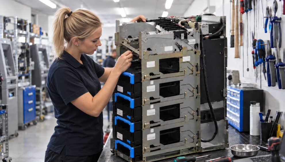 Female technician performing independent ATM diagnostics on a large cash dispenser module in a repair workshop.